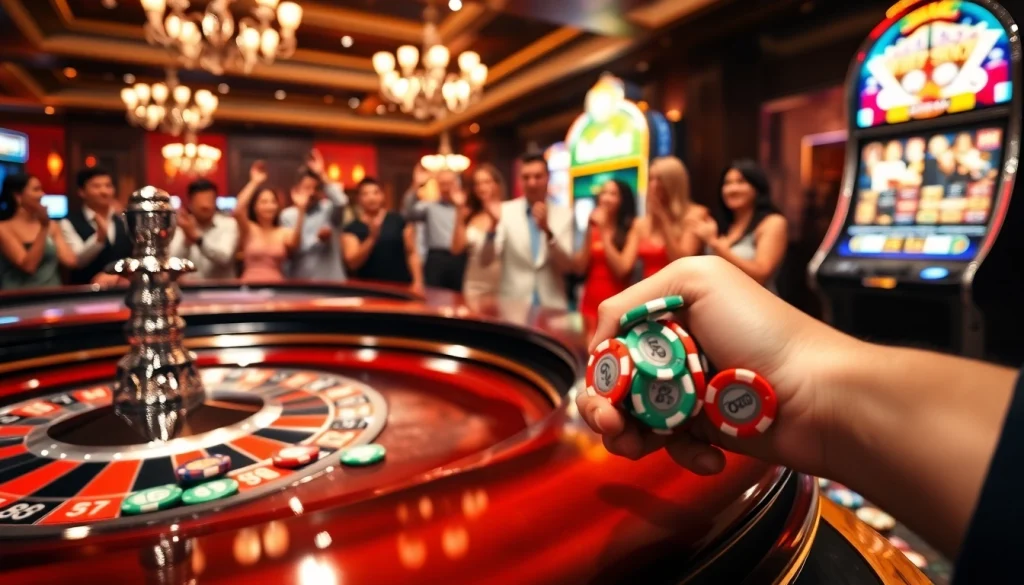 Engaging scene showcasing FLY 88 poker chips at a vibrant casino roulette table.