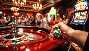 Engaging scene showcasing FLY 88 poker chips at a vibrant casino roulette table.