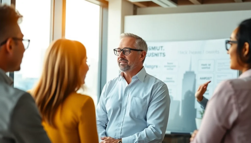 Business coach near me facilitating a workshop with motivated clients in a welcoming office space.