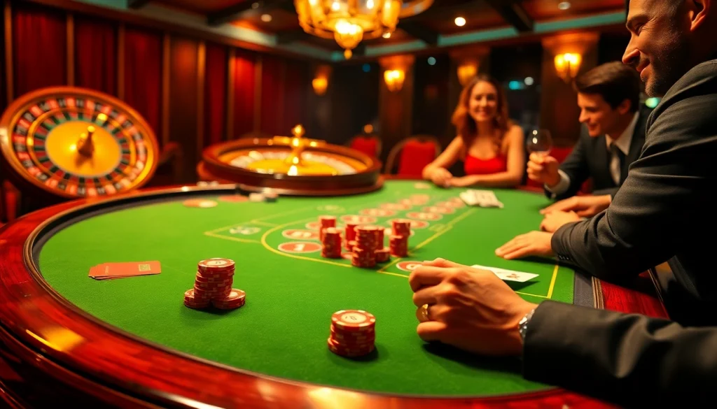 Engaging players strategizing over poker chips at a luxurious NK88 casino gaming table.