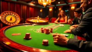 Engaging players strategizing over poker chips at a luxurious NK88 casino gaming table.