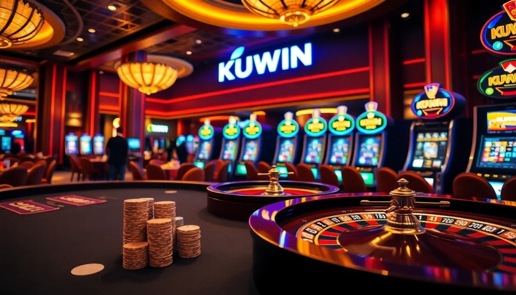Kuwin offers a dynamic casino experience with poker chips and roulette, highlighting gaming excitement.