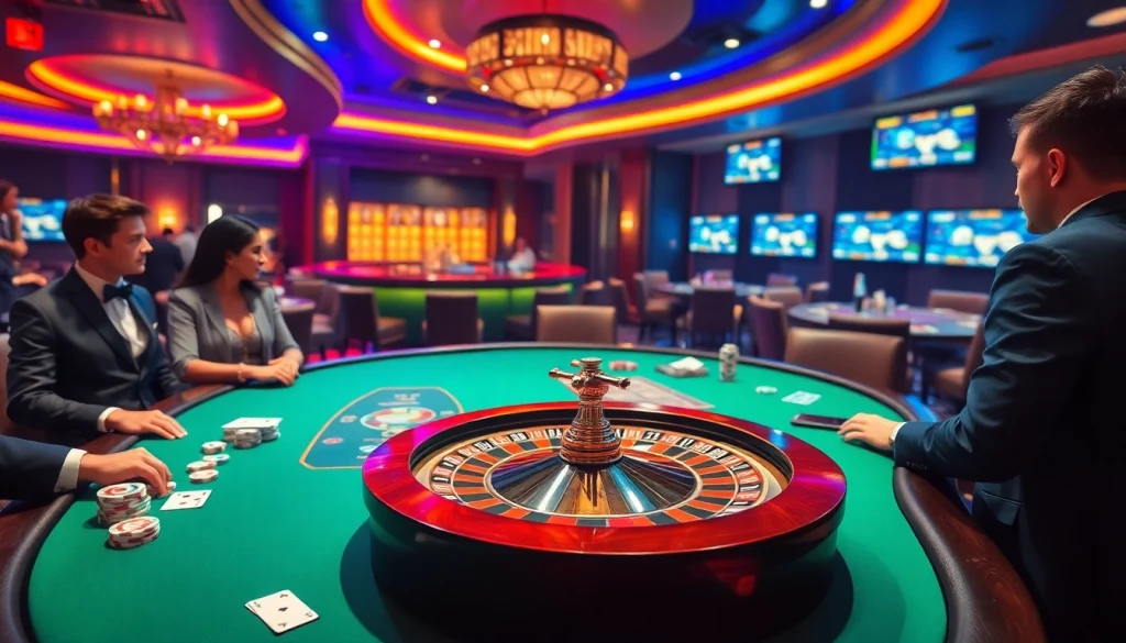 Engaged players at an MK 8 poker table, showcasing vibrant casino chips and a glowing roulette wheel.