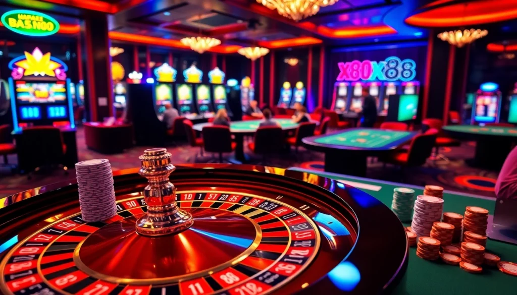 Experience the excitement of gambling at https://xx88.us/, featuring a vibrant casino scene with roulette and poker tables.