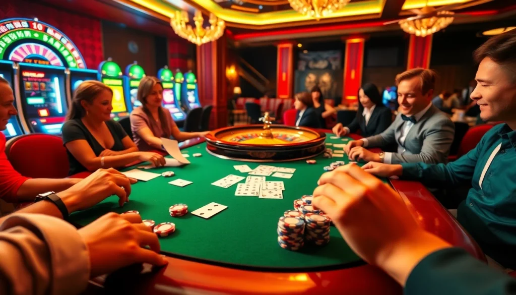 Players enjoying an exciting game of 68 game bài at a luxurious poker table amidst casino lights.