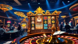 Berinteraksi dengan mesin Slot Zeus di tengah suasana kasino mewah, menyoroti kegembiraan taruhan tinggi dan peluang menang.