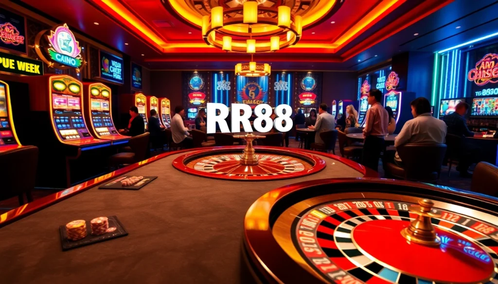 Gambling excitement at RR88 with players at a poker table and vibrant slot machines.