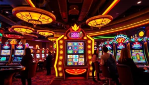 Rasakan aksi seru permainan slot pulsa dalam suasana kasino yang hidup dan penuh warna.