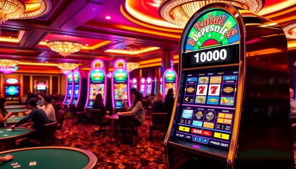 Para pemain menikmati sensasi slot deposit 1000 di kasino yang hidup dengan mesin slot berwarna-warni.