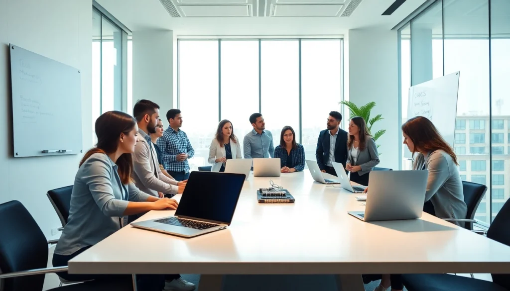 Marketing Agency team brainstorming strategies in a modern office environment.