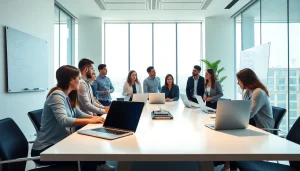 Marketing Agency team brainstorming strategies in a modern office environment.