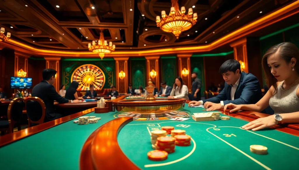 Engage with the thrilling atmosphere of Nhà cái OKWIN online casino, featuring vibrant tables and lively players.