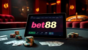 Experience luxury gaming with Bet88 on a sleek tablet among poker chips and a roulette wheel.