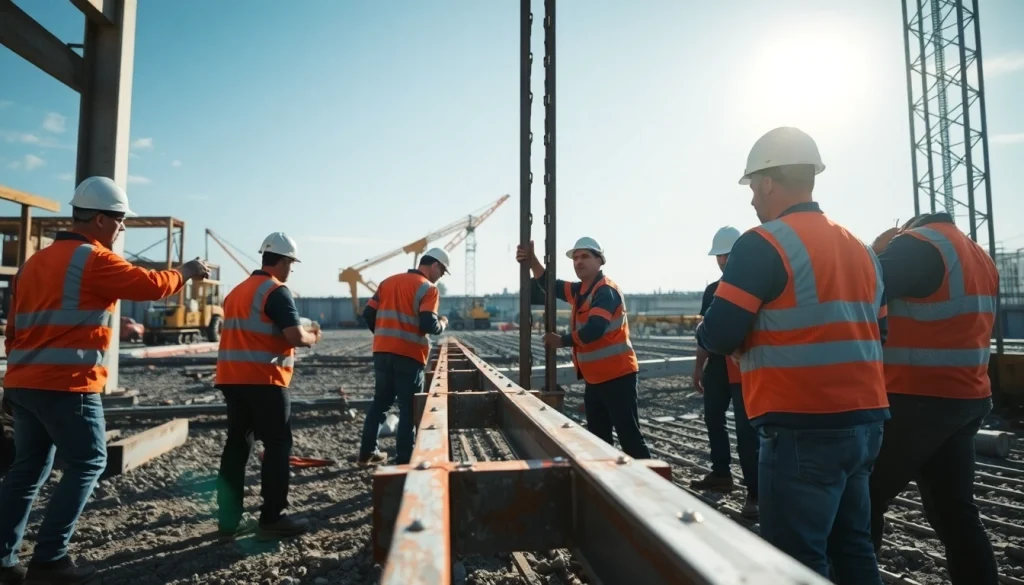 Workers engaged in structural steel installation on a construction site, showcasing teamwork and precision.