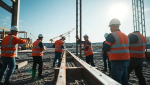 Workers engaged in structural steel installation on a construction site, showcasing teamwork and precision.