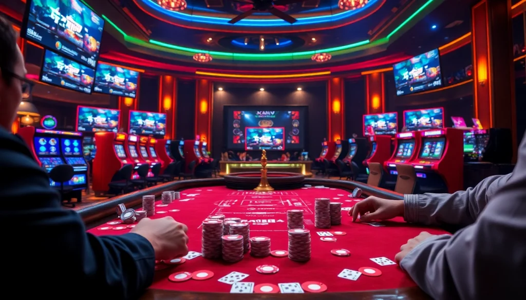 Dynamic gaming action at Xôi Xoài TV with poker chips and vibrant casino props.