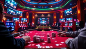 Dynamic gaming action at Xôi Xoài TV with poker chips and vibrant casino props.