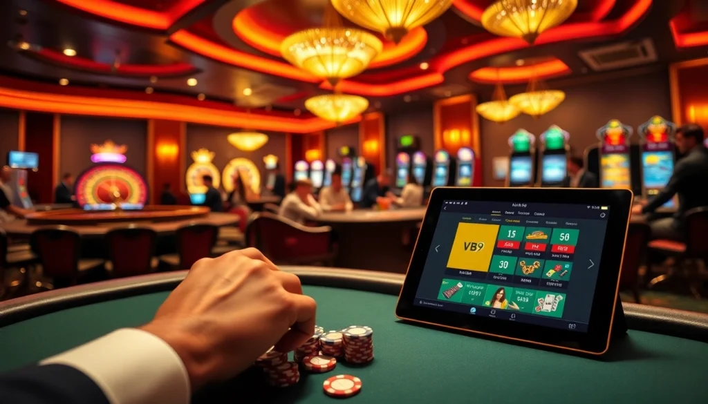 Experience the thrill of vb9 online gaming at a vibrant casino with poker tables and roulette wheels.