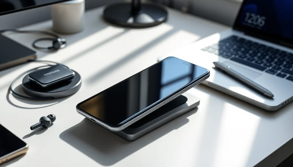 S8 smartphone showcased on a modern desk with tech accessories.