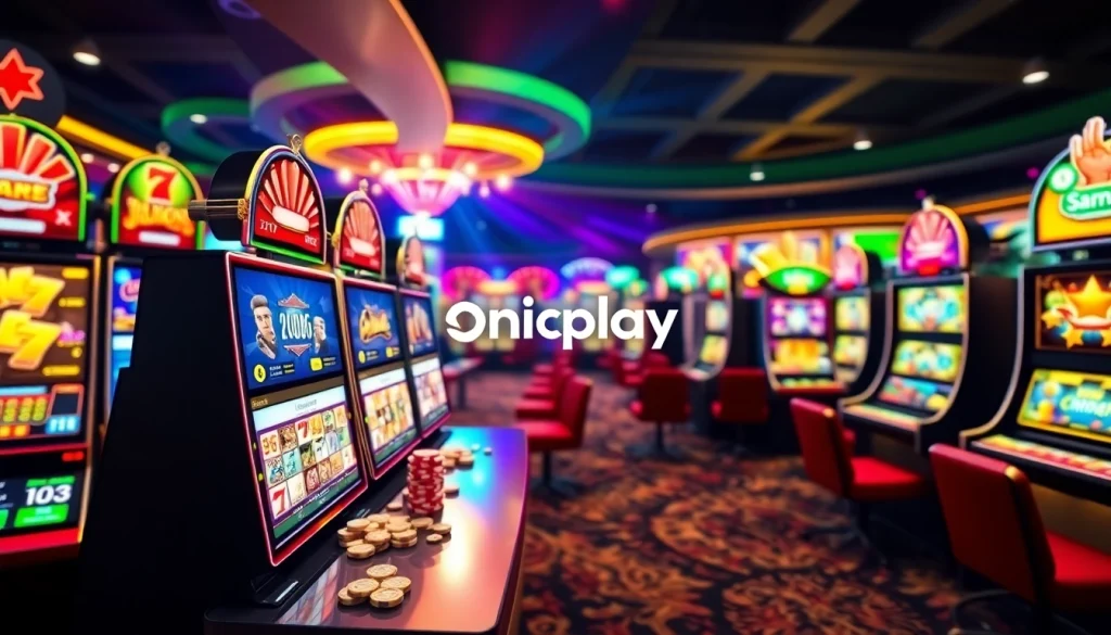 Engaging Onicplay platform with vibrant slot machines and poker chips for thrilling gambling experience.