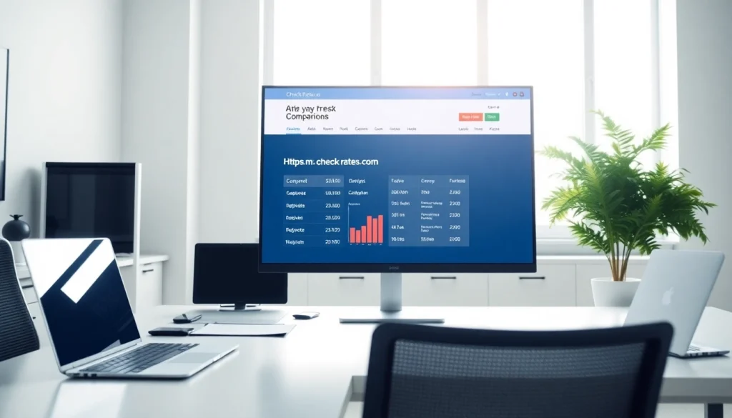 View of a sleek workspace featuring https://m.check-rates.com on a monitor for rate comparisons.