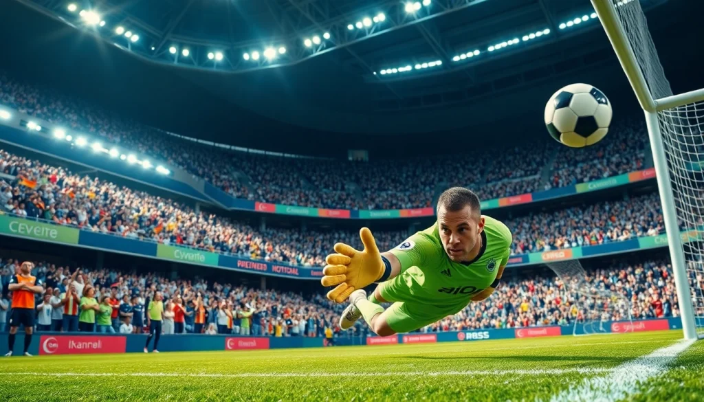 Goalkeeper making a decisive save during a soccer match, highlighting the excitement of บอลวันนี่.