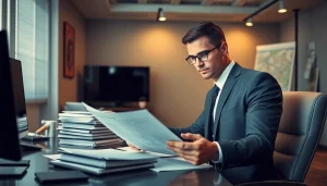 Private Investigator in Middletown, CT reviewing case documents in a modern office.