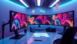 Futuristic digital art studio showcasing AI nsfw creations in a modern workspace.