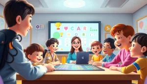 QQキッズ 口コミサイト。友好的な先生とオンライン英語レッスンを楽しむ子どもたちの様子。