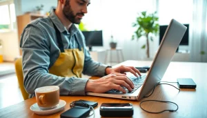 Get expert Computer help near me with a technician solving problems in a vibrant home office.