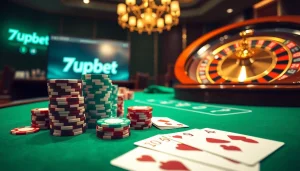 Experience high-stakes excitement with 7upbet at a glamorous casino table featuring poker chips and cards.