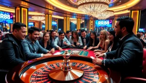 A diverse group of players engaging at a roulette table in a vibrant RR88 casino setting, showcasing excitement and anticipation.