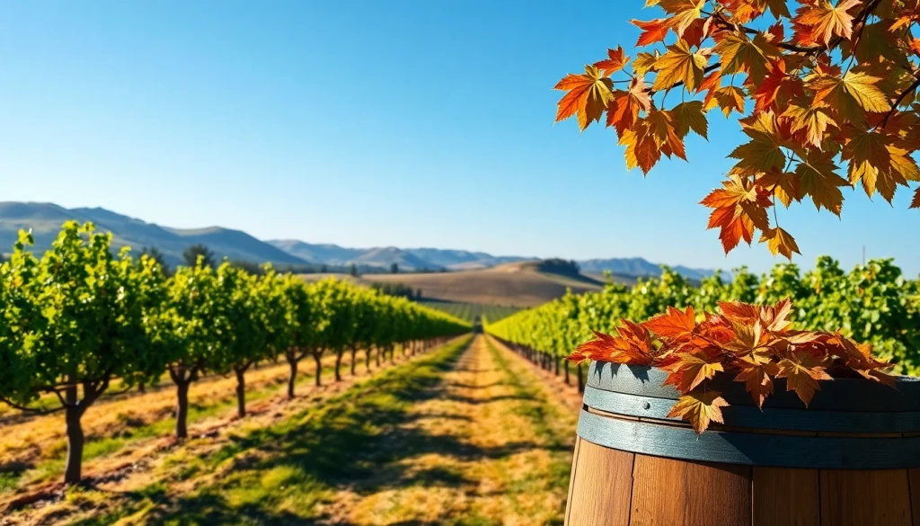 Carksburg CA vineyard landscape with lush grapevines and rustic wine barrel.