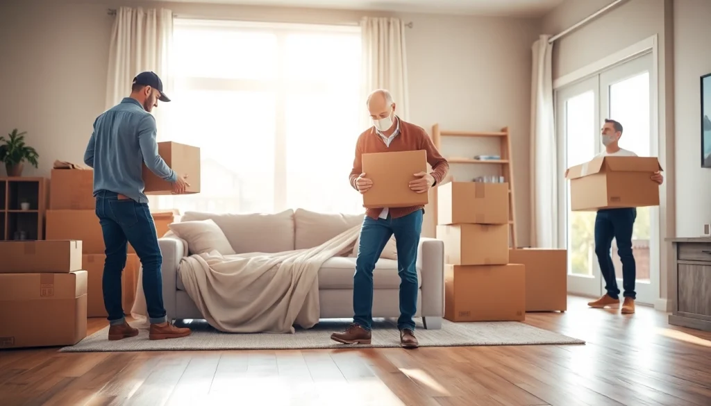 Home Movers packing a living room, showcasing movers’ teamwork and care.