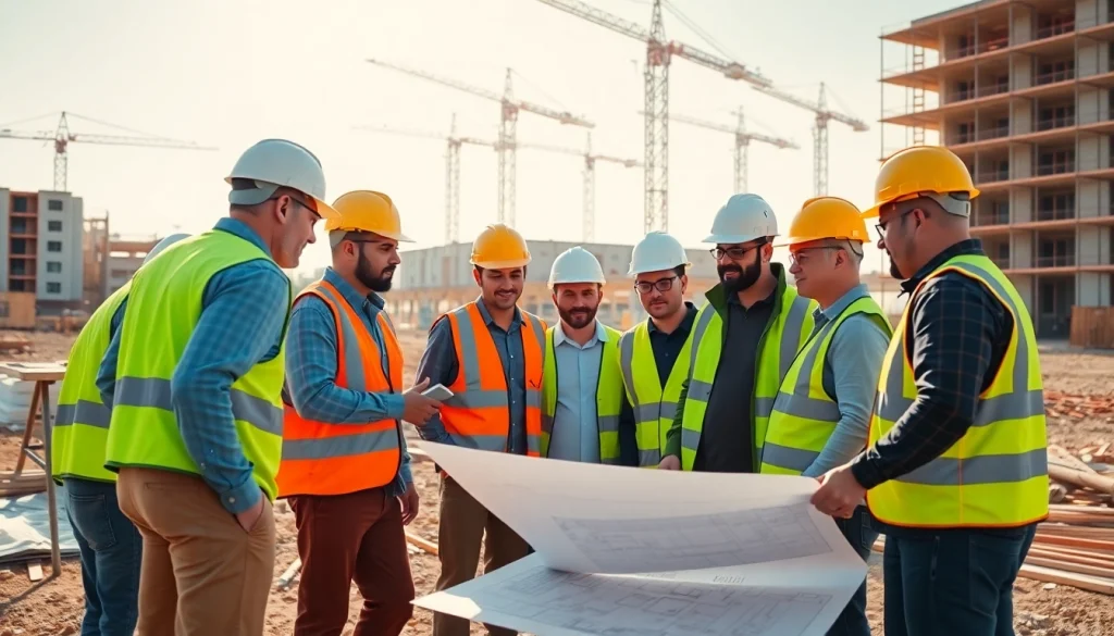 Construction association North Carolina workers collaborating on a site with blueprints and cranes.