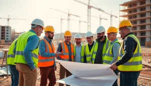 Construction association North Carolina workers collaborating on a site with blueprints and cranes.