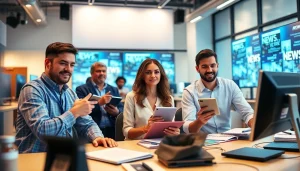 Capture journalists from https://southernmarylandchronicle.com working diligently in a lively newsroom.