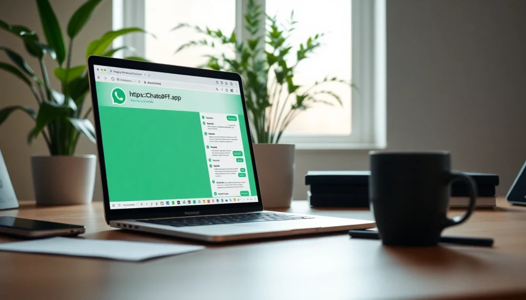 Transform WhatsApp chats to PDFs using the features of https://chattopdf.app, displayed on a laptop.