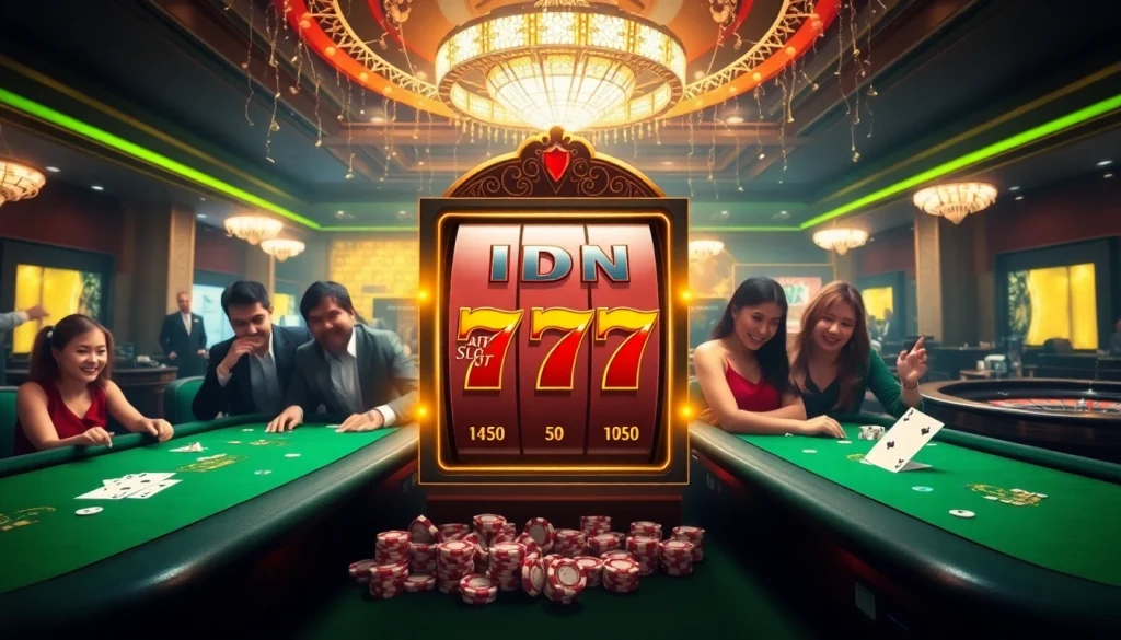 Players enjoying thrilling gameplay at the IDN Slot 777 in a vibrant casino setting.