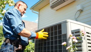 AC replacement Beekman NY specialist inspecting a residential unit in bright daylight.