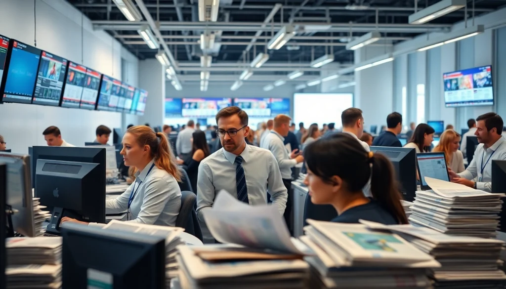 Engaged journalists at work, depicting https://www.thedailynewsonline.com in a modern newsroom setting.