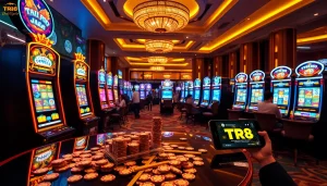 Engaging scene of players enjoying TR88 nổ hũ slot machines in a vibrant casino environment.