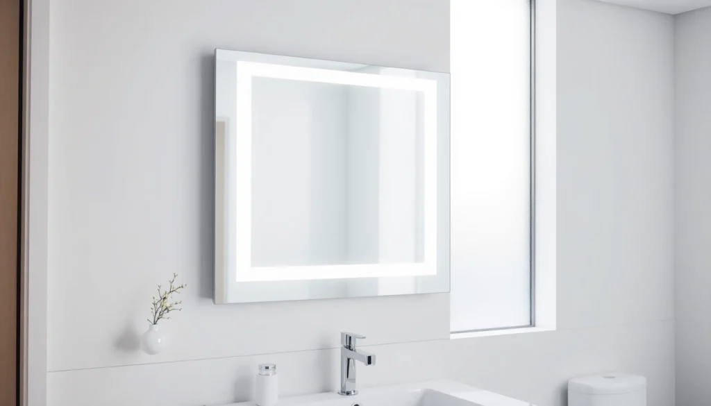 Showcasing a stylish bathroom mirror with LED light illuminating a modern vanity space.