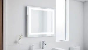 Showcasing a stylish bathroom mirror with LED light illuminating a modern vanity space.