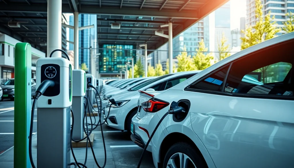 EV charging station contractors installing modern charging units in an urban environment.