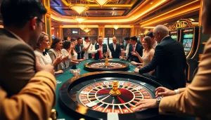 Players enjoying a thrilling game at a top club casino table filled with poker chips and cards.