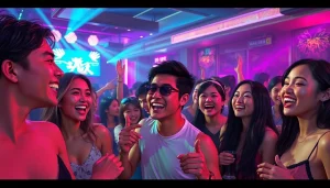 充满活力的夜生活场景，年轻人正在享受上海的夜店文化，映衬吃瓜网的热情。