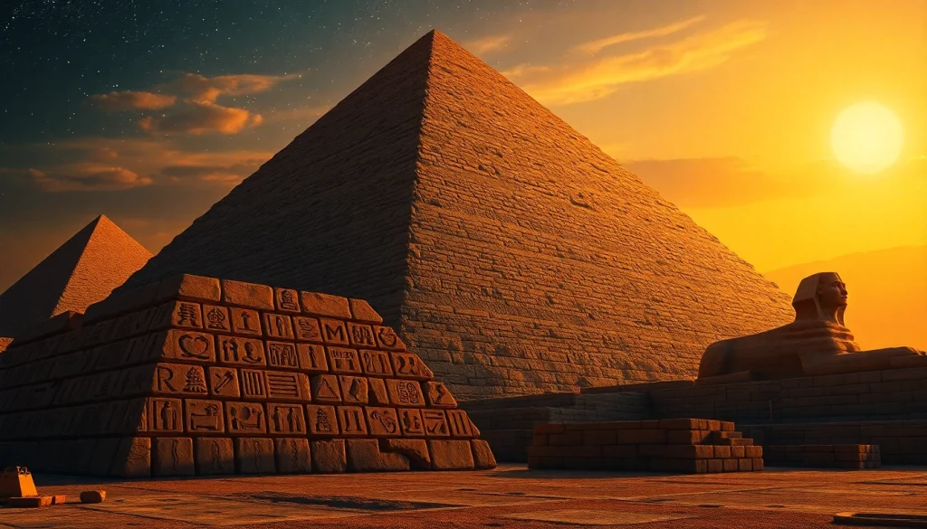 Experience the majestic piraminds of Giza against a stunning sunset backdrop.