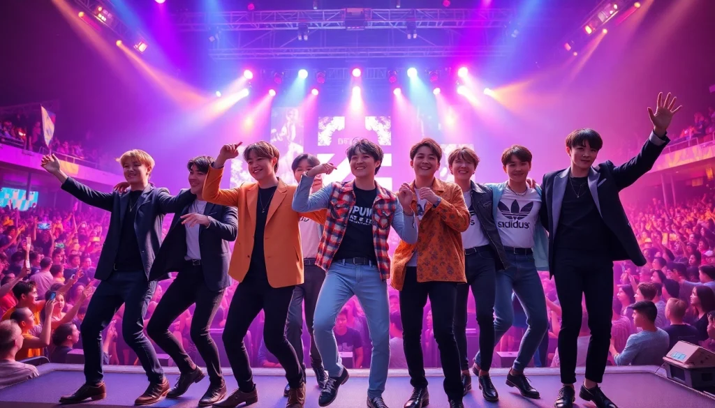 BTS members performing energetically at a concert, showcasing their unique styles and dynamic stage presence.