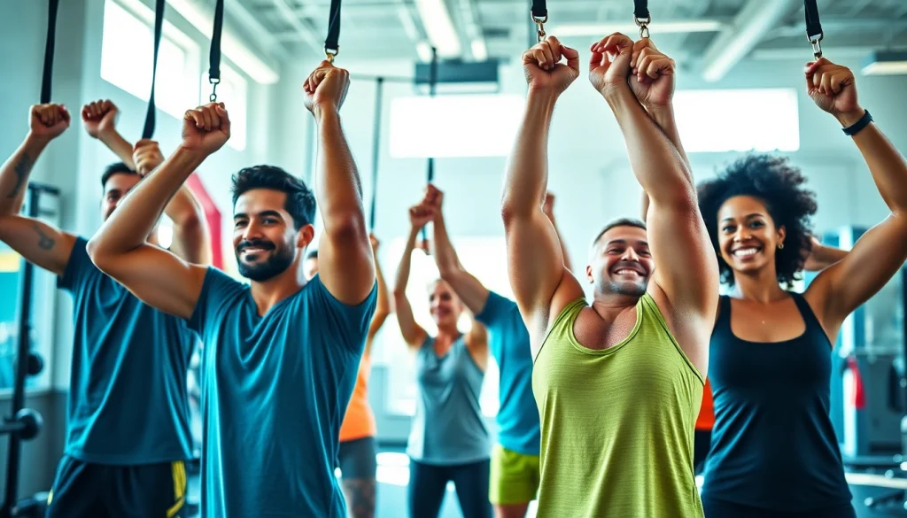 Group workout using pull-up assist bands in a vibrant gym setting